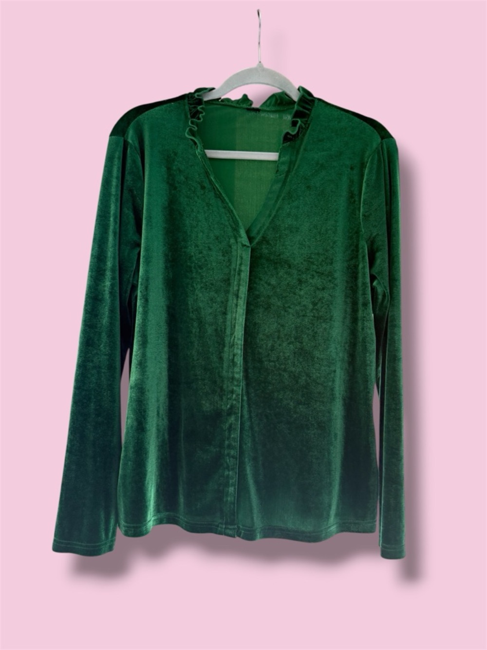 Green Velvet Ruffle-Trim Long-Sleeve Top